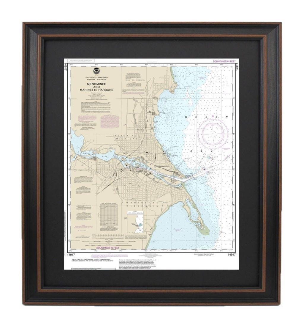 Framed Nautical Chart 14917 - Menominee and Marinette Harbors, Green Bay. NOAA 14917. Handmade in the USA.