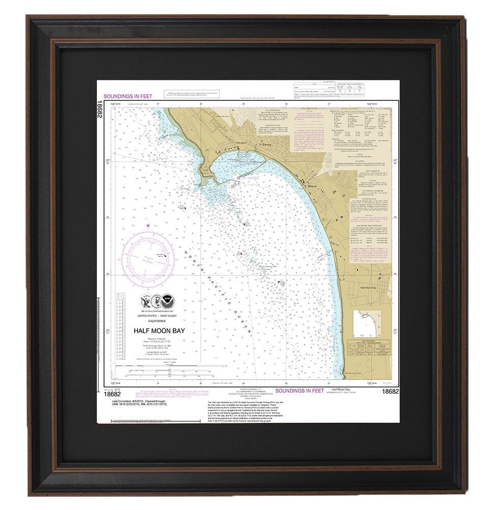 Framed Nautical Chart 18682 - Half Moon Bay. NOAA 18682. Handmade in the USA.