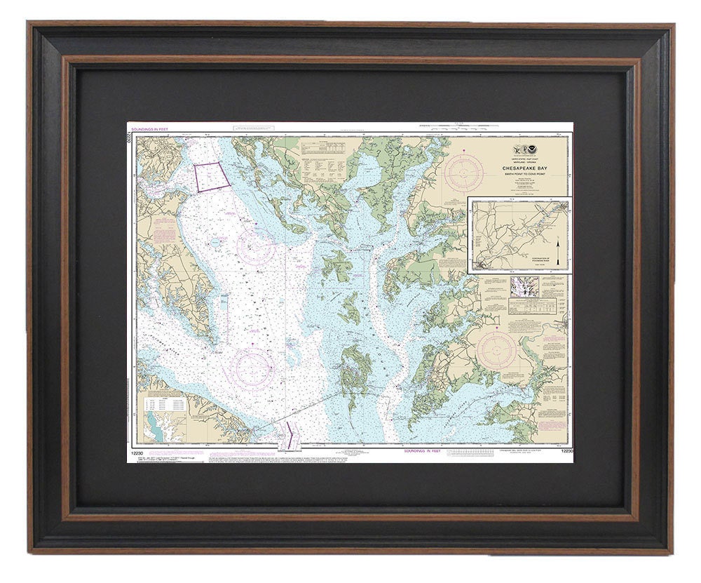 Framed Nautical Chart 12230 - Chesapeake Bay, Smith Point to Cove Point, NOAA 12230. Handmade in the USA.