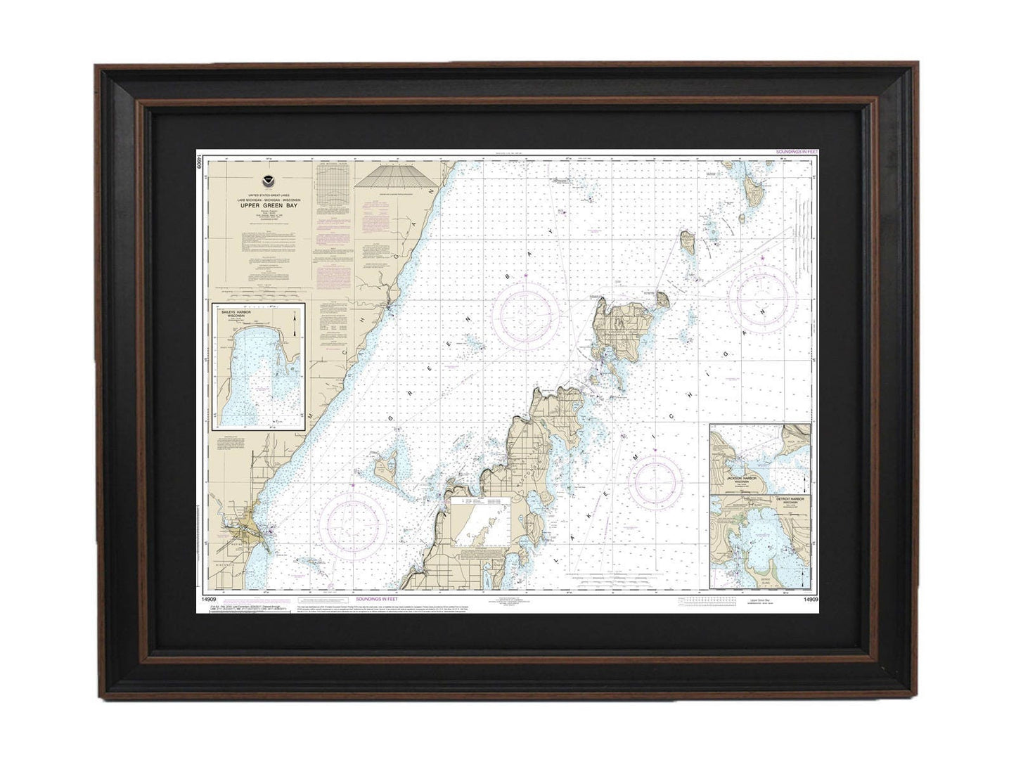 Framed Nautical Chart 14909 - Lake Michigan Upper Green Bay. NOAA 14909. Handmade in the USA.