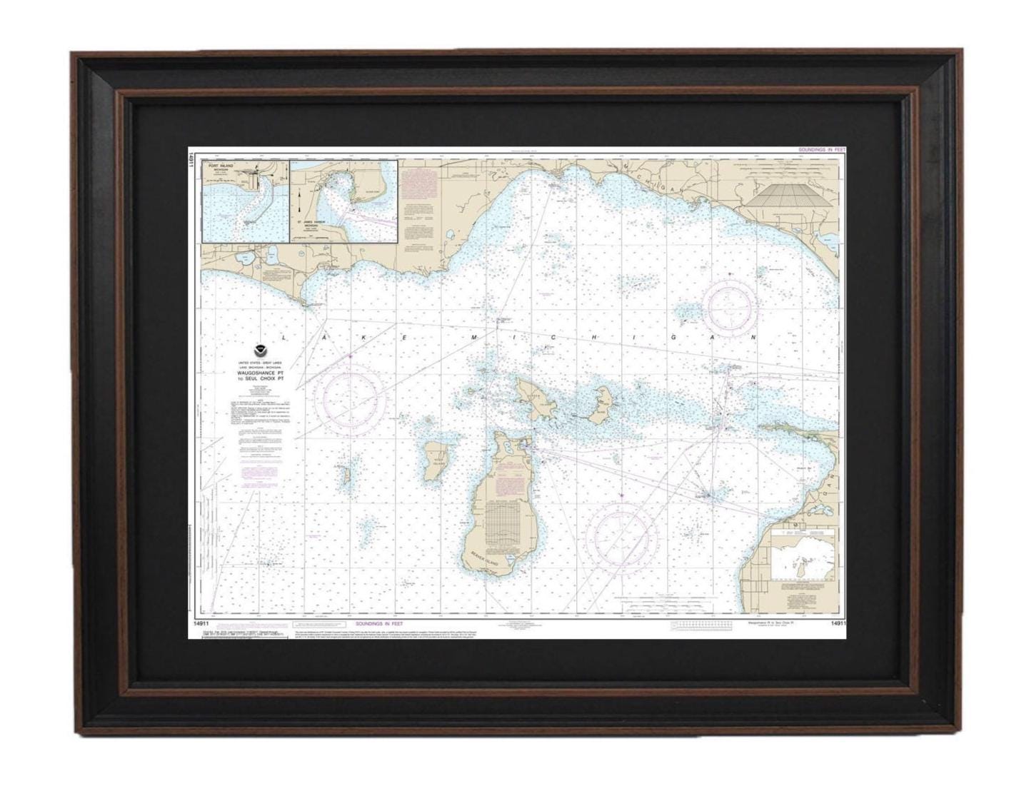 Framed Nautical Chart 14911 - Lake Michigan, Waugoshance Point to Seul Choix Point. NOAA 14911. Handmade in the USA.