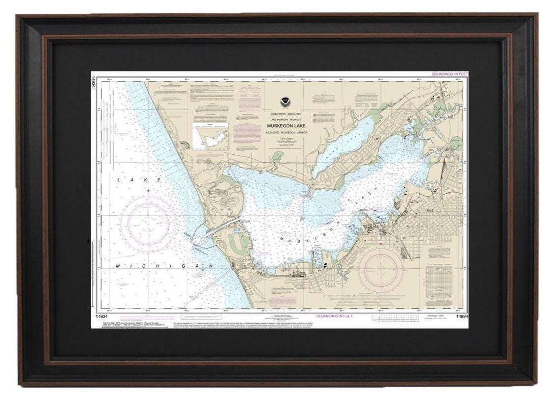 Framed Nautical Chart 14934 - Muskegon Lake and Harbor, Lake Michigan. NOAA 14934. Handmade in the USA.
