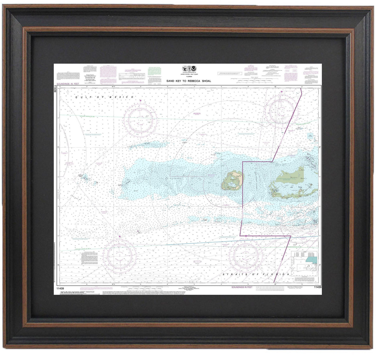 Framed Nautical Chart 11439 - Sand Key to Rebecca Shoal. NOAA 11439. Handmade in the USA.