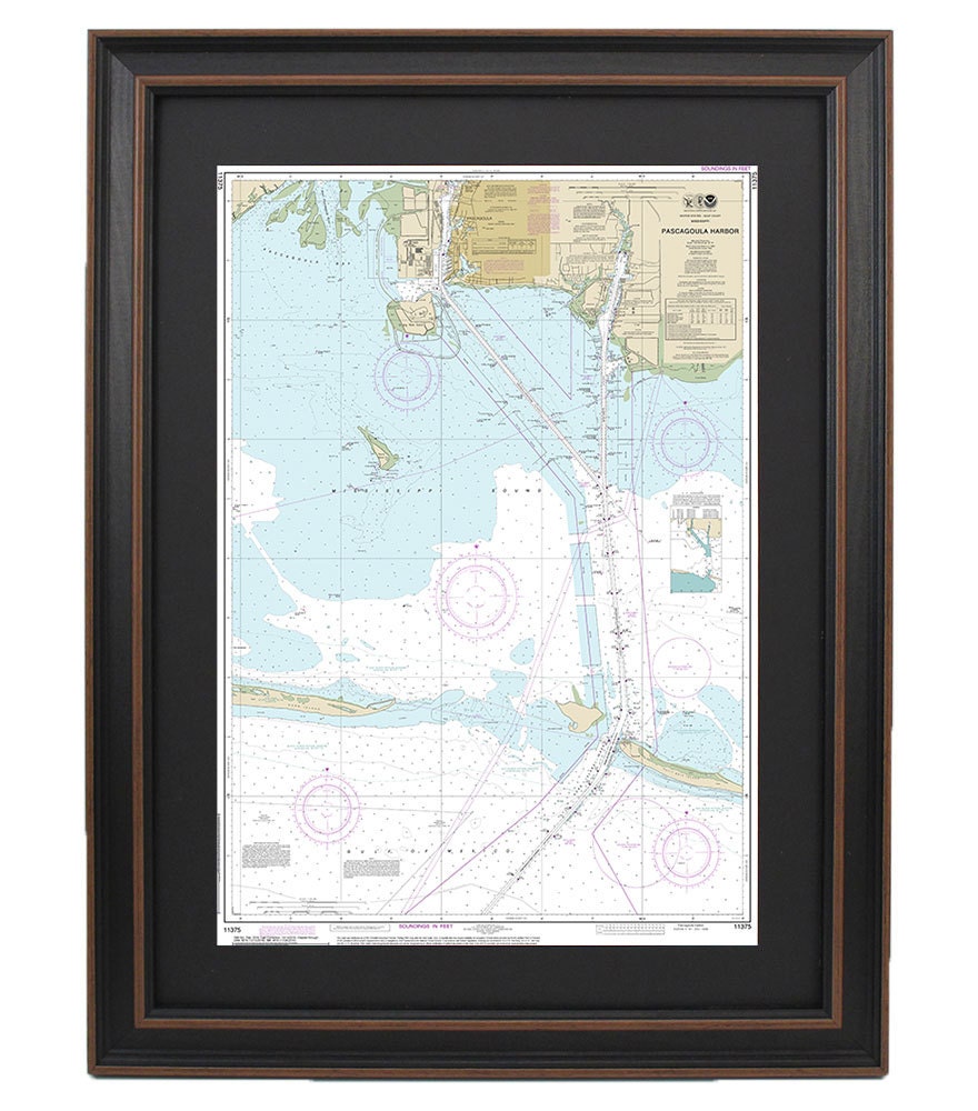Framed Nautical Chart 11375 - Pascagoula Harbor. NOAA 11375. Handmade in the USA.