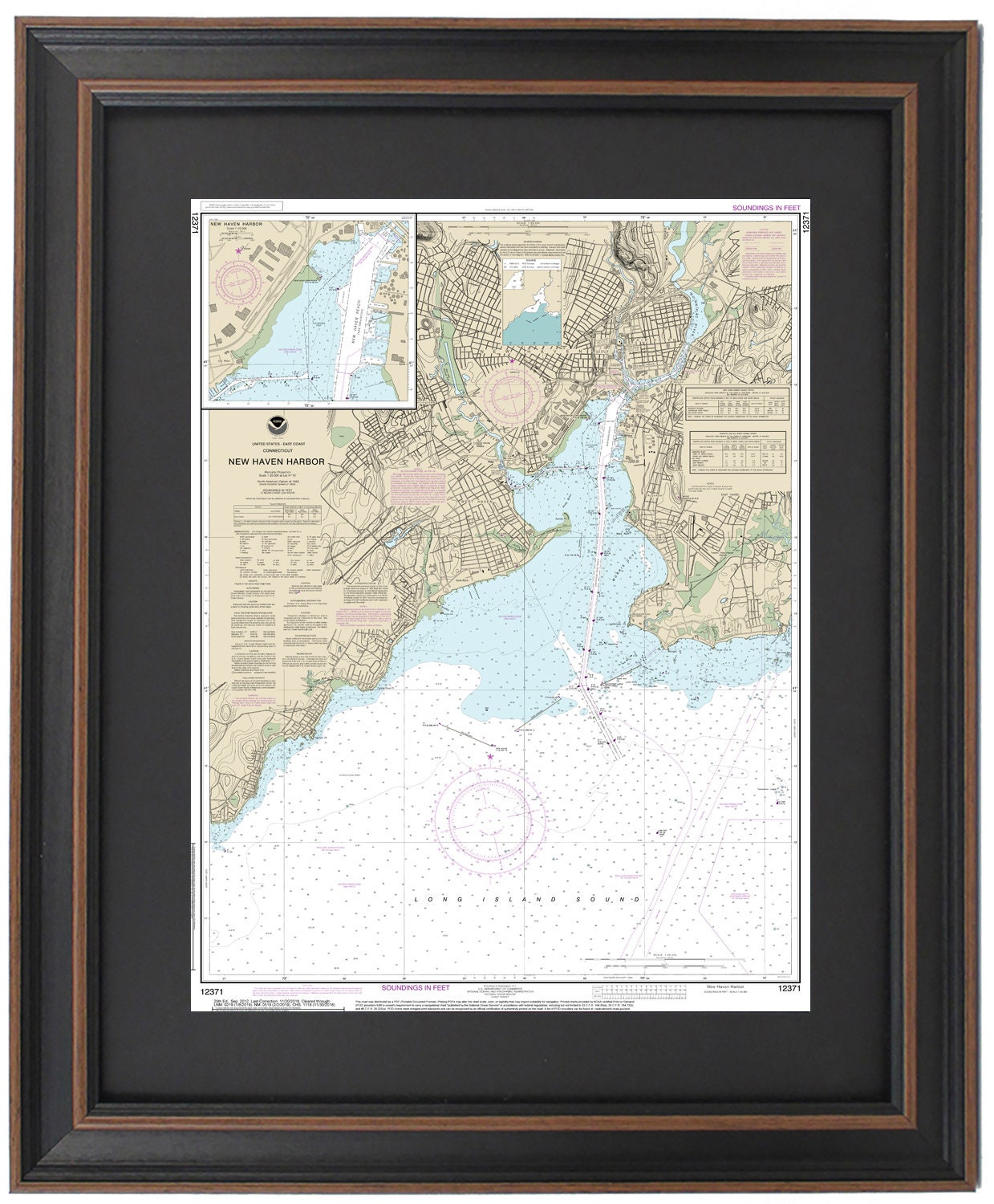 Framed Nautical Chart 12371 - North Shore of Long Island Sound. New Haven Harbor. NOAA 12371. Handmade in the USA.
