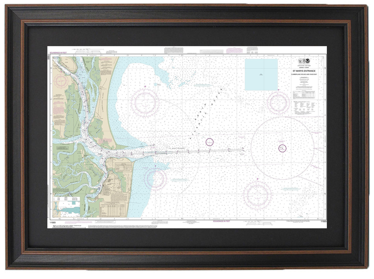 Framed Nautical Chart 11503 - St. Marys Entrance. Cumberland Sound and Kings Bay. NOAA 11503 Handmade in the USA.