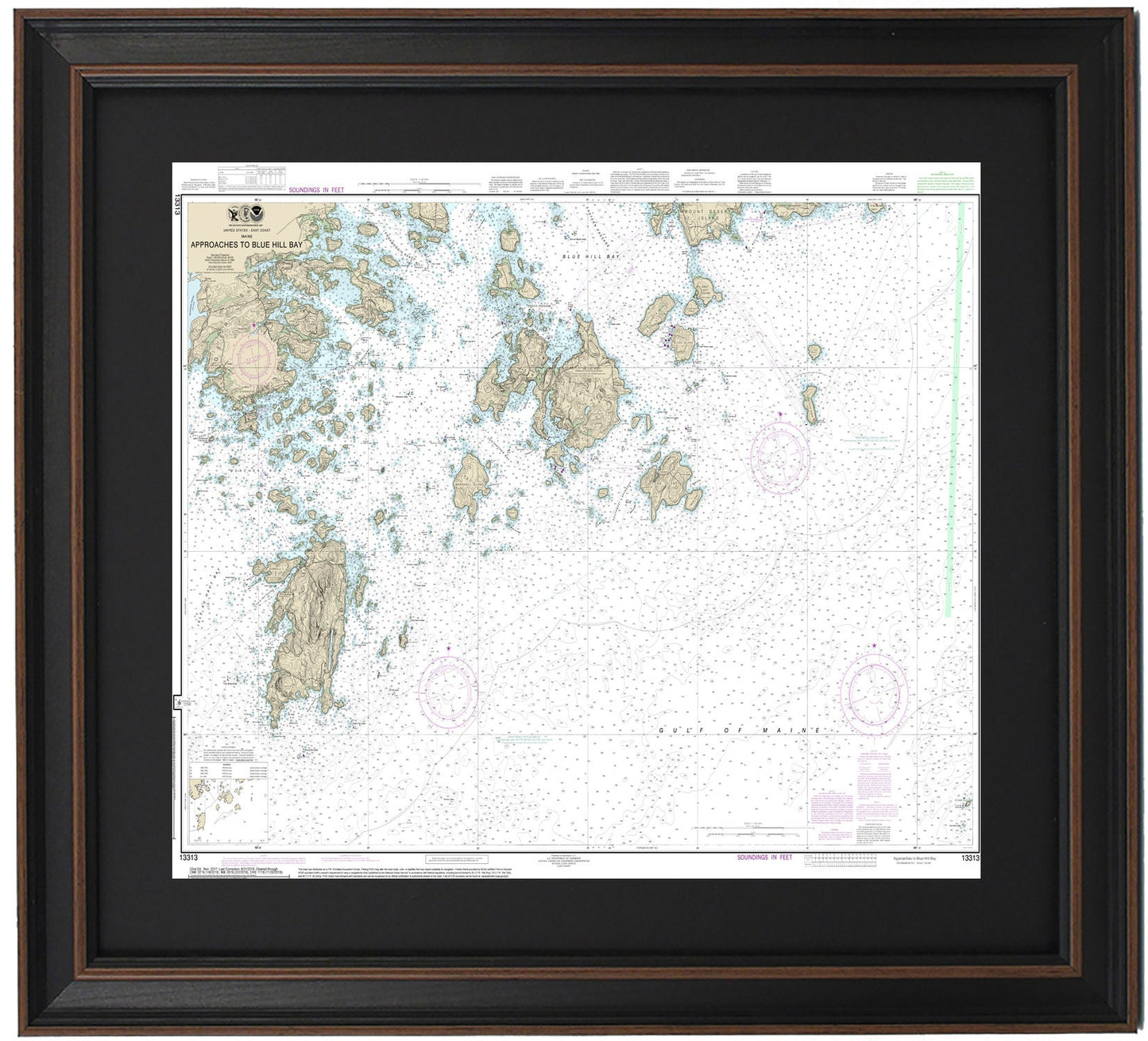 Framed Nautical Chart 13313 - Approaches to Blue Hill Bay, Maine. NOAA 13313. Handmade in the USA.
