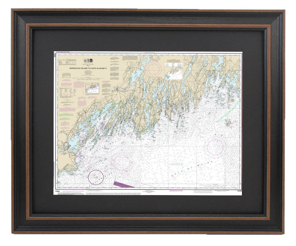Framed Nautical Chart 13288 - Monhegan Island to Cape Elizabeth. NOAA 13288. Handmade in the USA.