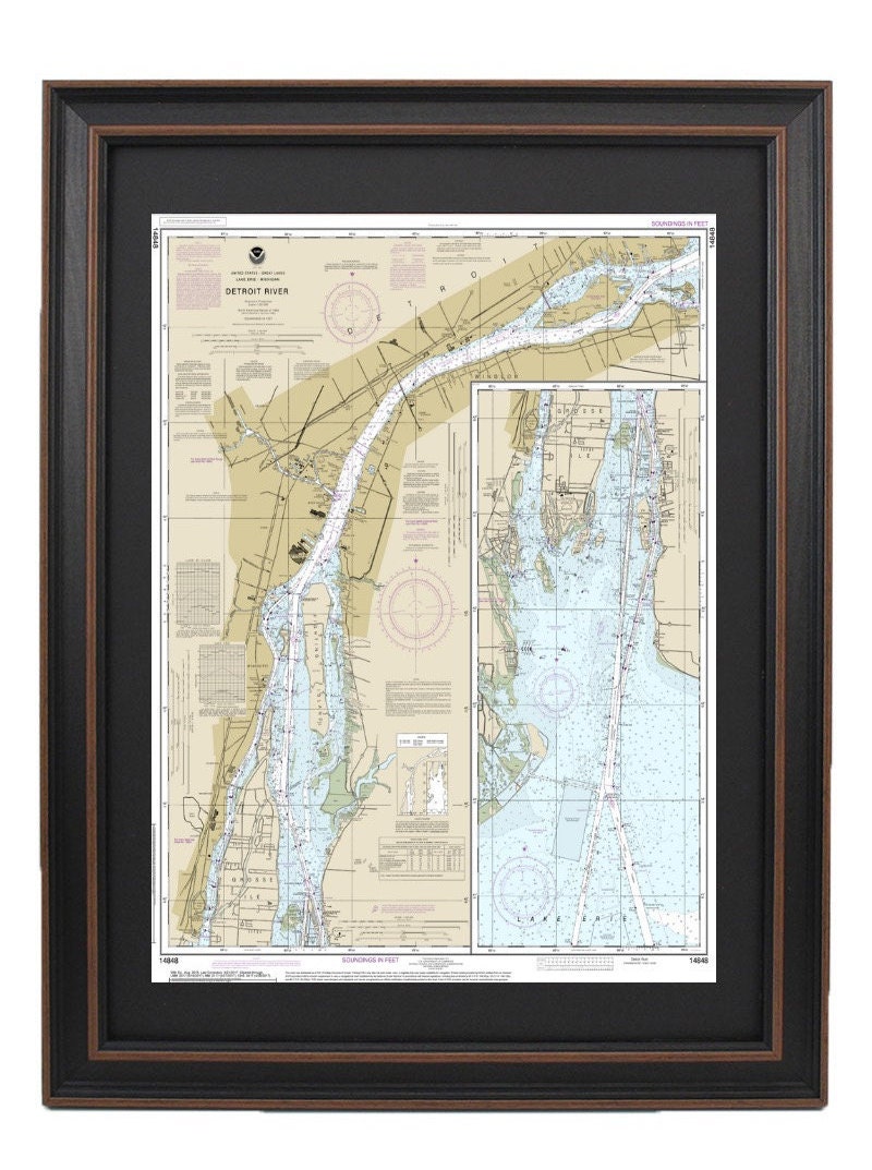Framed Nautical Chart 14848 - Lake Erie to Detroit River. NOAA 14848. Handmade in the USA.