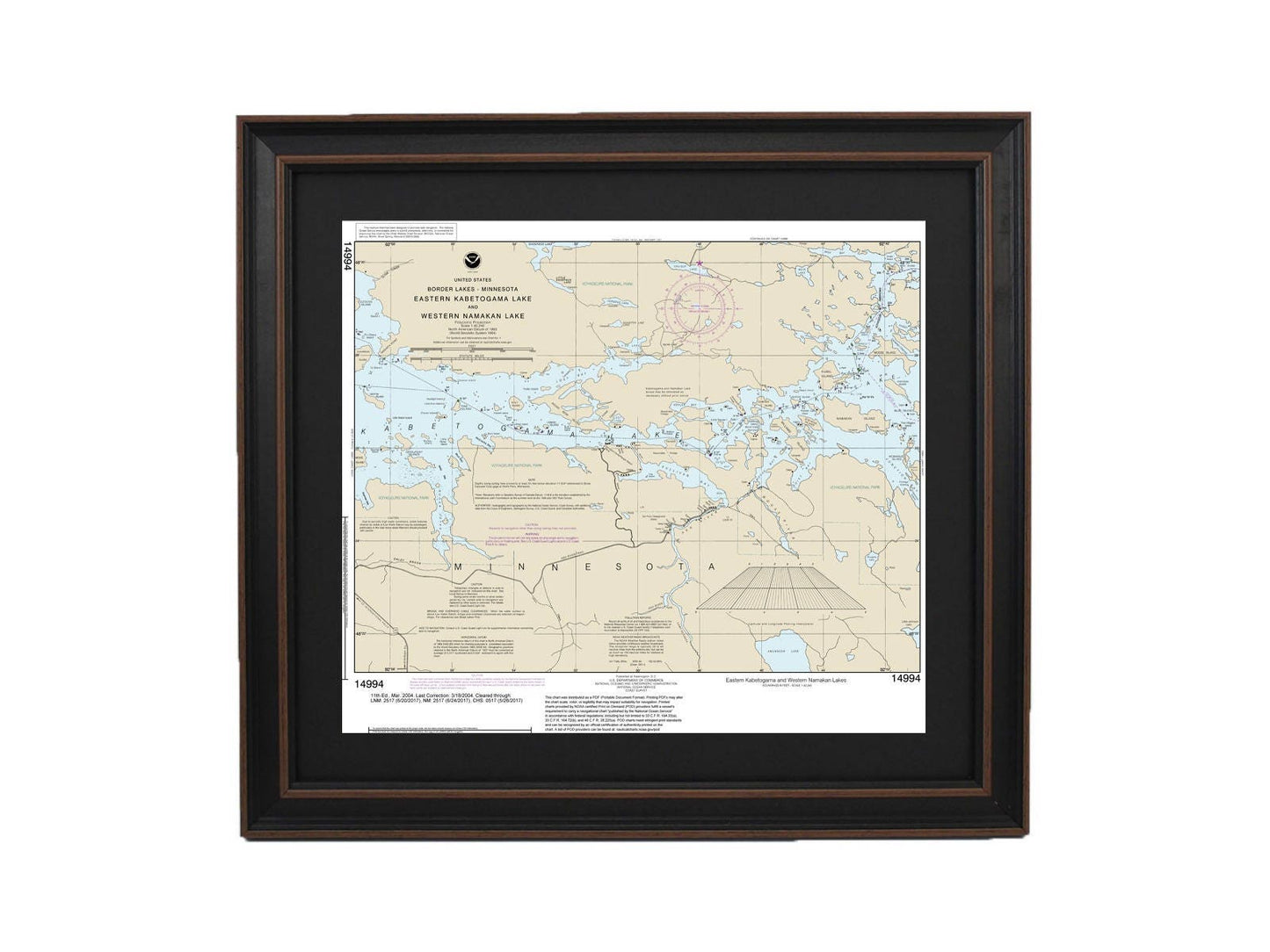 Framed Nautical Chart 14994 - Western Namakan & Eastern Kabetogama Lake, Minnesota. NOAA 14994. Handmade in the USA.