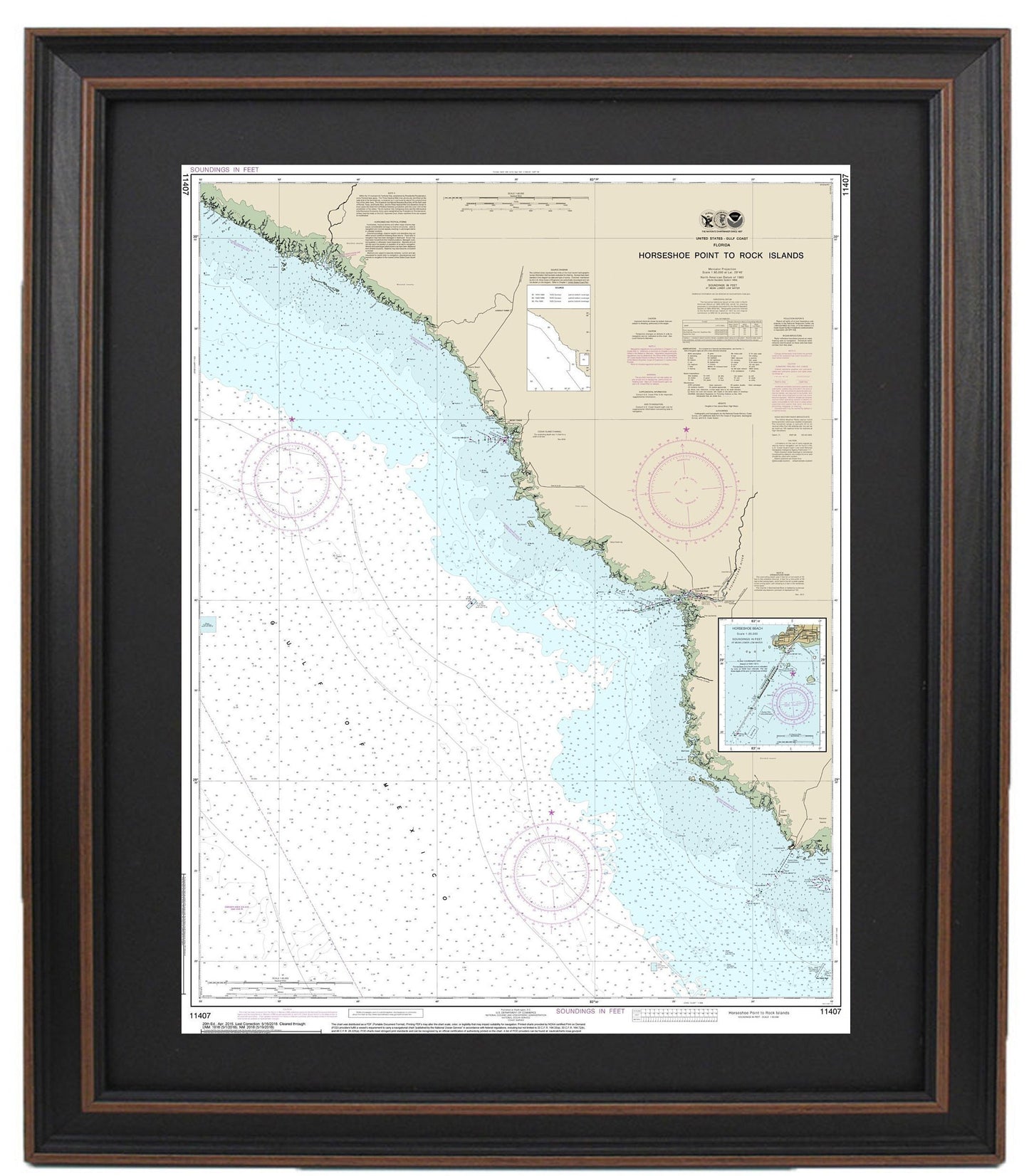 Framed Nautical Chart 11407 - Horseshoe Point to Rock Islands. NOAA 11407. Handmade in the USA.
