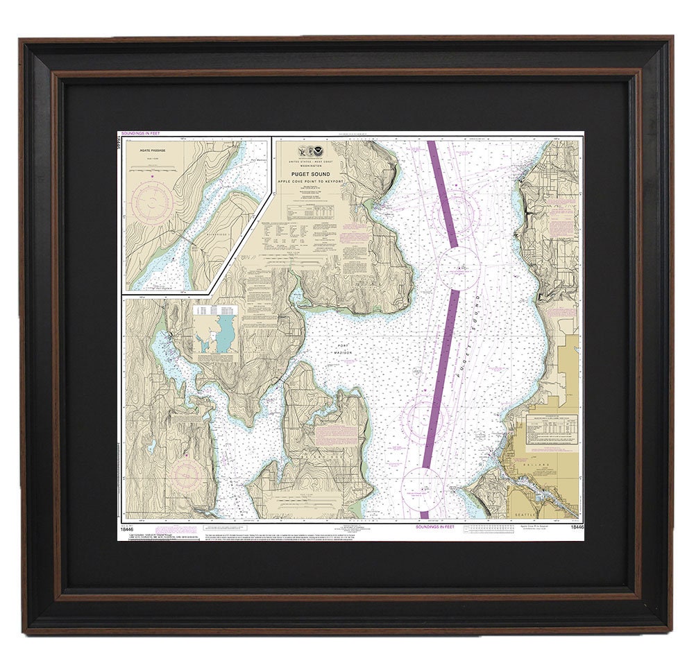 Framed Nautical Chart 18446 - Puget Sound. Apple Cove Point to Keyport. Agate Passage. NOAA 18446. Handmade in the USA.