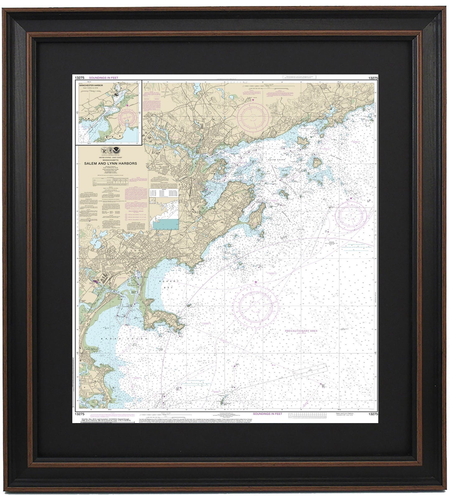Framed Nautical Chart 13275 - Salem and Lynn Harbors. NOAA 13275. Handmade in the USA.