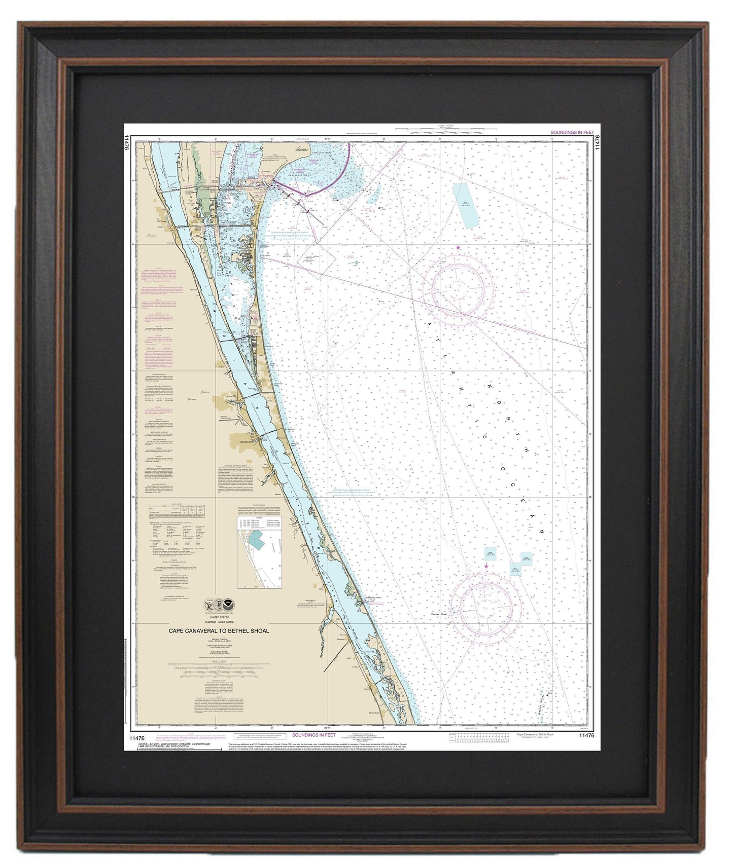 Framed Nautical Chart 11476 - Cape Canaveral to Bethel Shoal. NOAA 11476. Handmade in the USA.
