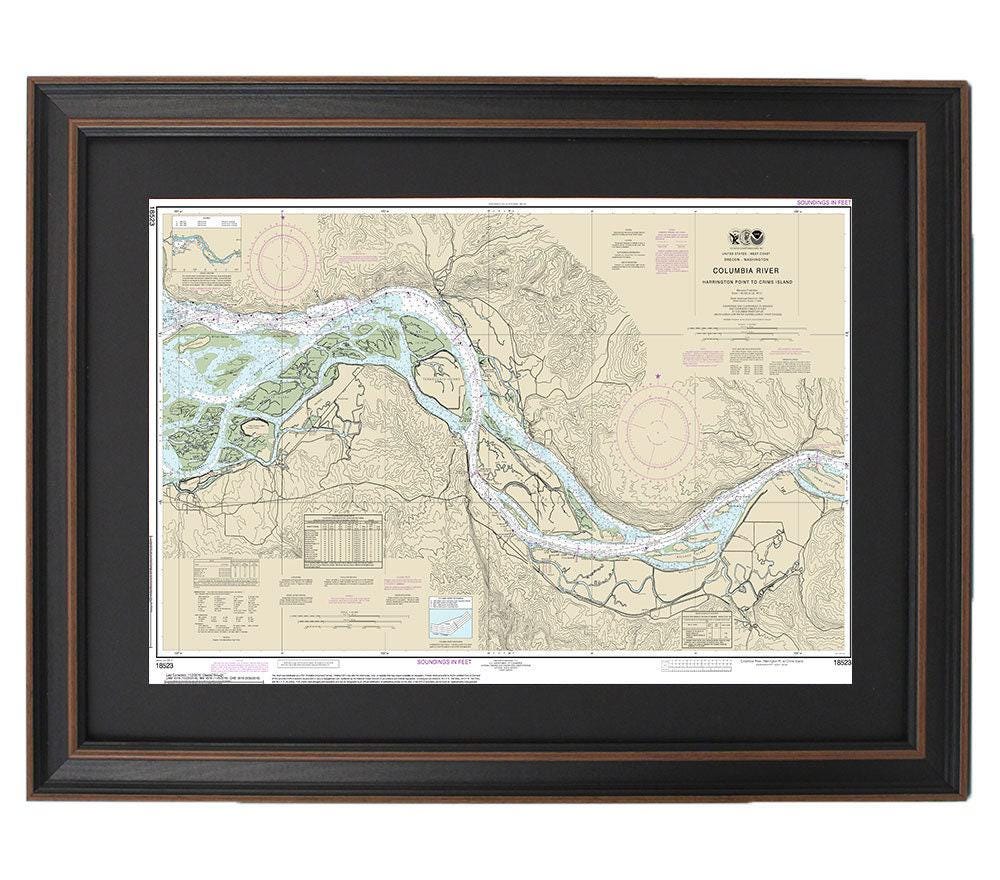 Framed Nautical Chart 18523 - Columbia River. Harrington Point to Crims Island. NOAA 18523. Handmade in the USA.