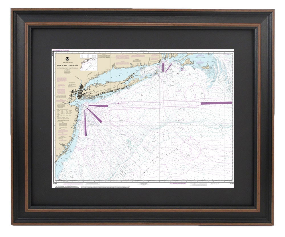 Framed Nautical Chart 12300 - Approaches to New York. NOAA 12300. Handmade in the USA.