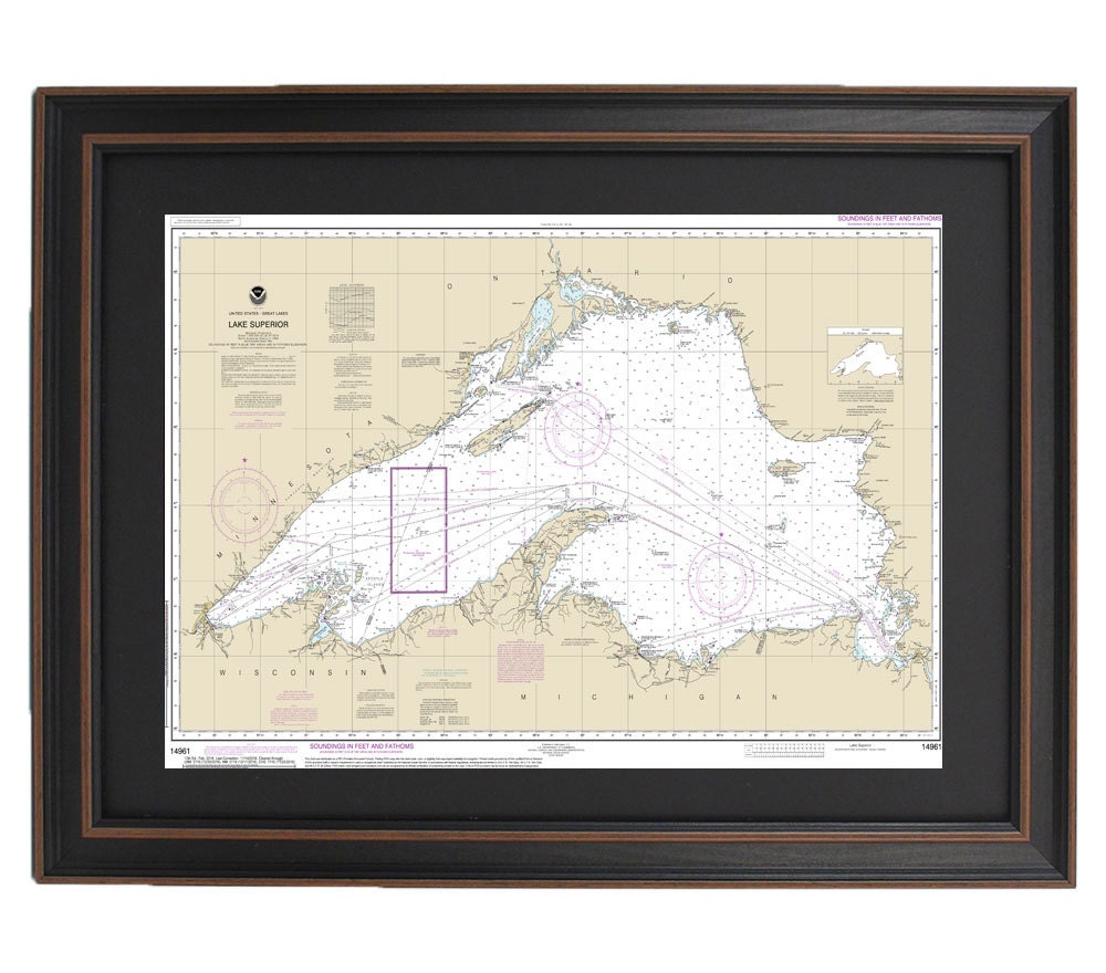 Framed Nautical Chart 14961 - Lake Superior. NOAA 14961. Handmade in the USA.