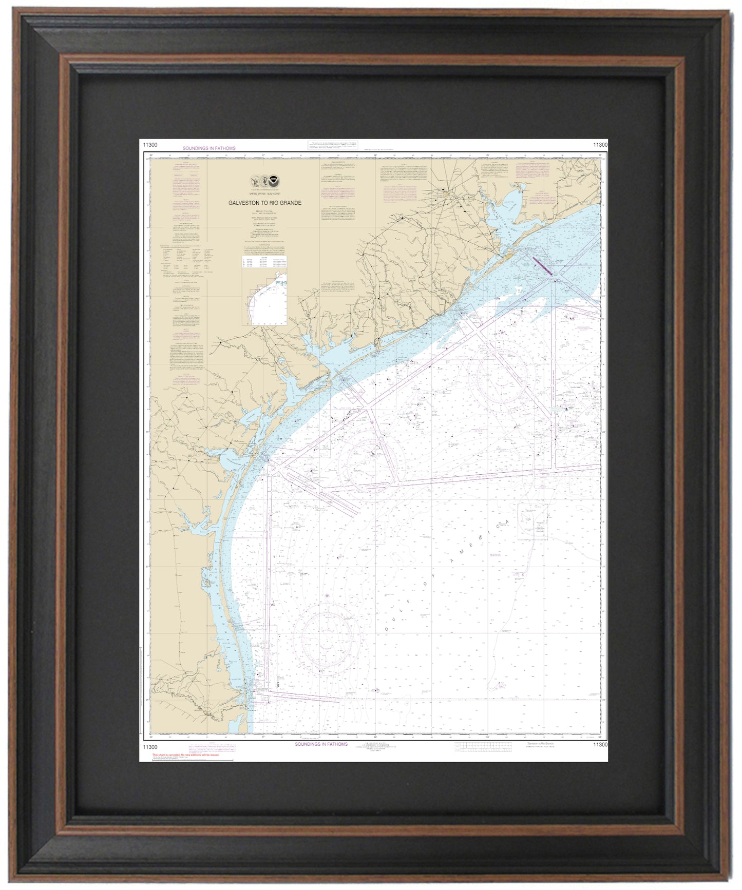 Framed Nautical Chart. NOAA 11300 - Custom Galveston to Rio Grande featuring the Gulf of America. Handmade in the USA.