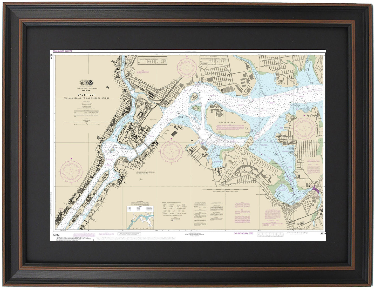Framed Nautical Chart 12339 - East River, NY. NOAA 12339. Handmade in the USA.