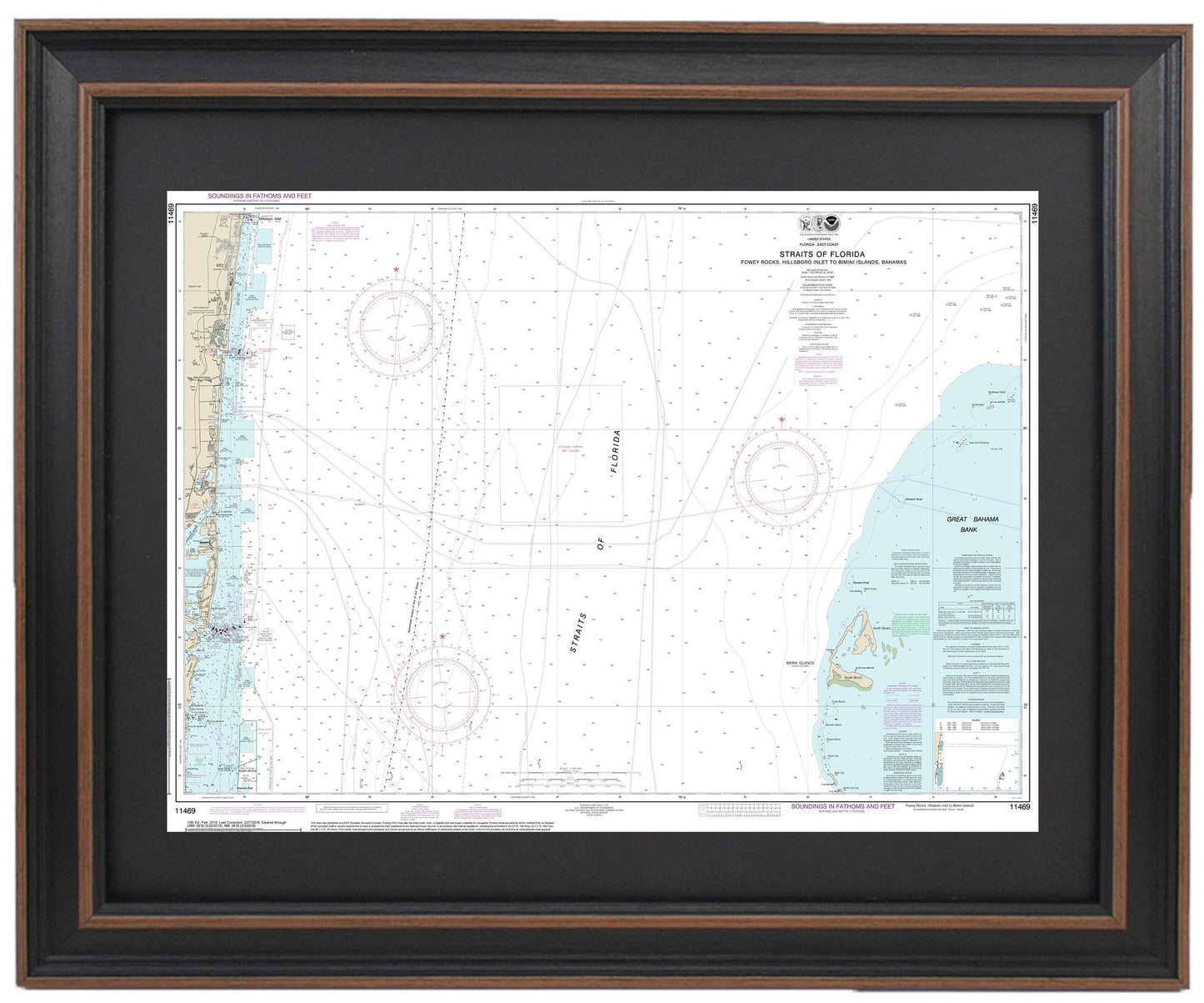 Framed Nautical Chart 11469 - Straits of Florida. Fowey Rocks. NOAA 11469. Handmade in the USA.