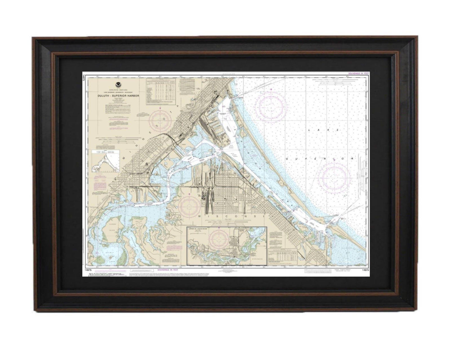 Framed Nautical Chart 14975 - Duluth-Superior Harbor, Lake Superior. NOAA 14975. Handmade in the USA.