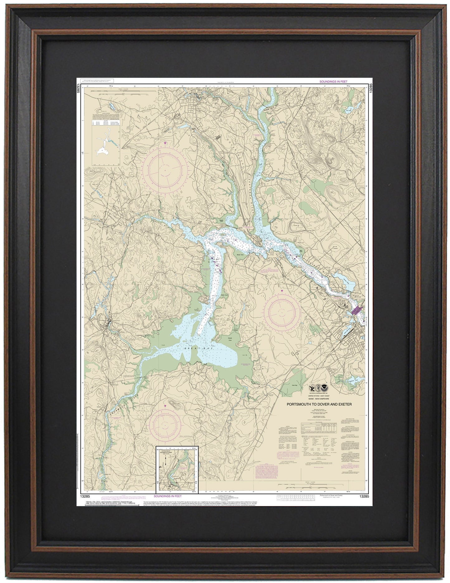 Framed Nautical Chart 13285 - Portsmouth to Dover and Exeter. NOAA 13285. Handmade in the USA.
