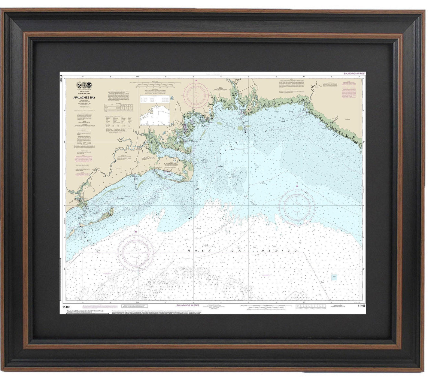 Framed Nautical Chart 11405 - Apalachee Bay. NOAA 11405. Handmade in the USA.