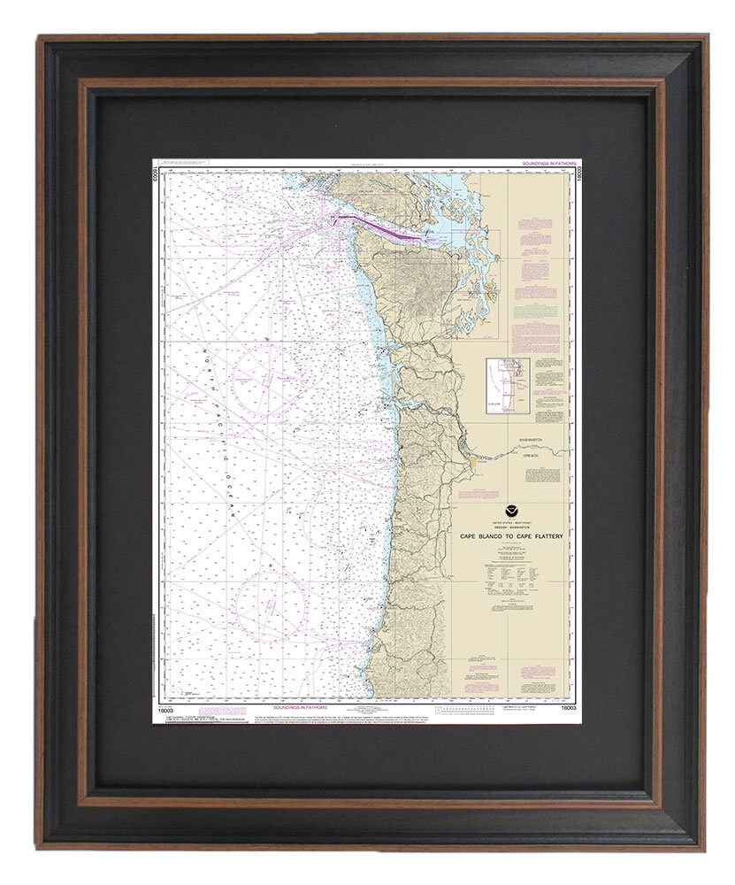 Framed Nautical Chart 18003 - Cape Blanco to Cape Flattery. NOAA 18003. Handmade in the USA.
