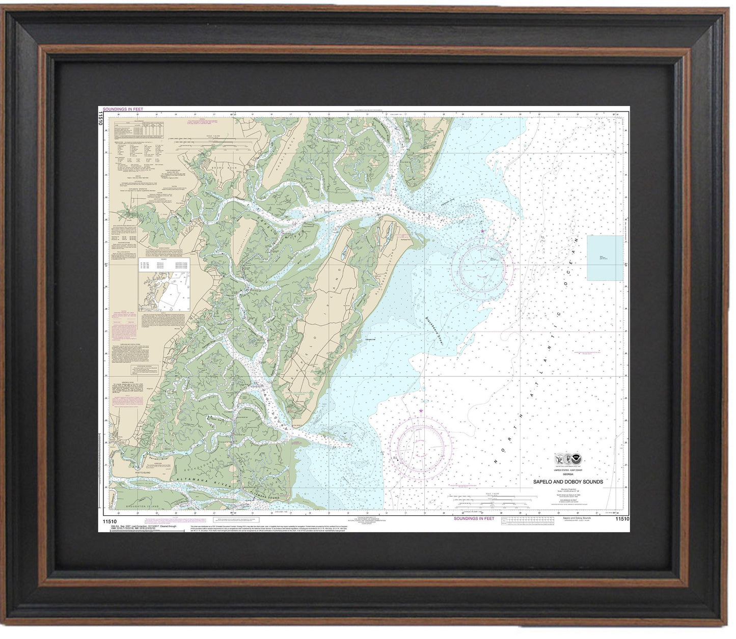 Framed Nautical Chart 11510 - Sapelo and Doboy Sounds. NOAA 11510. Handmade in the USA.