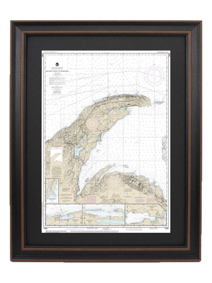 Framed Nautical Chart 14964 - Lake Superior, Big Bay Point to Redridge. NOAA 14964. Handmade in the USA.