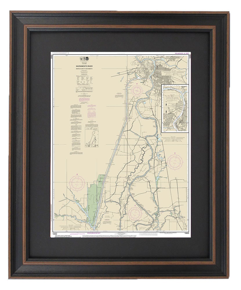 Framed Nautical Chart 18662 - Sacramento River. Andrus Island to Sacramento. NOAA 18662. Handmade in the USA.