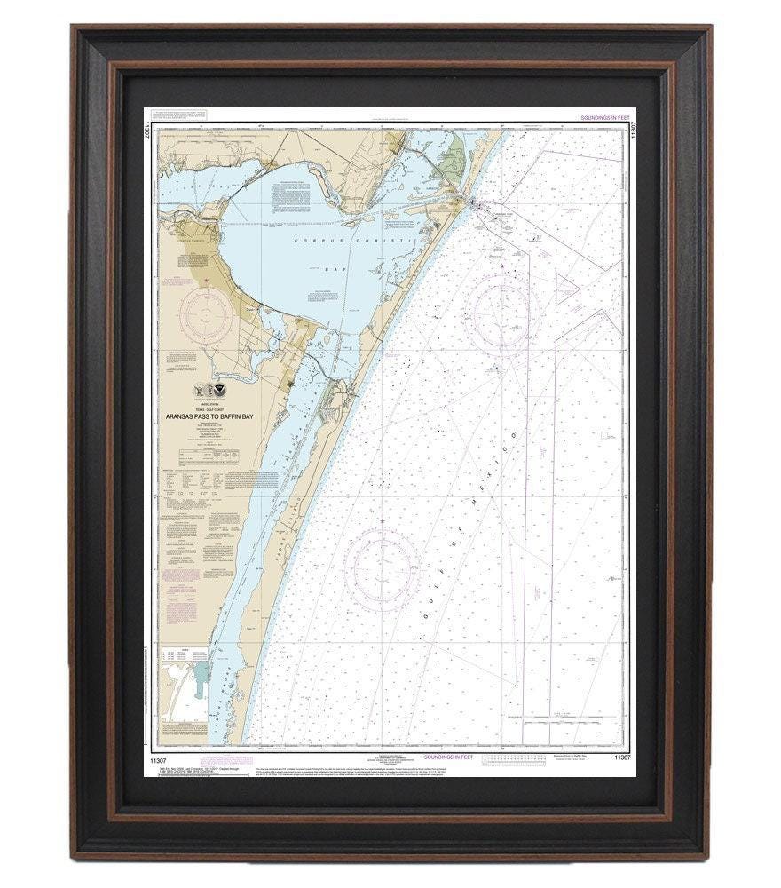 Framed Nautical Chart 11307 - Aransas Pass to Baffin Bay. NOAA 11307. Handmade in the USA.