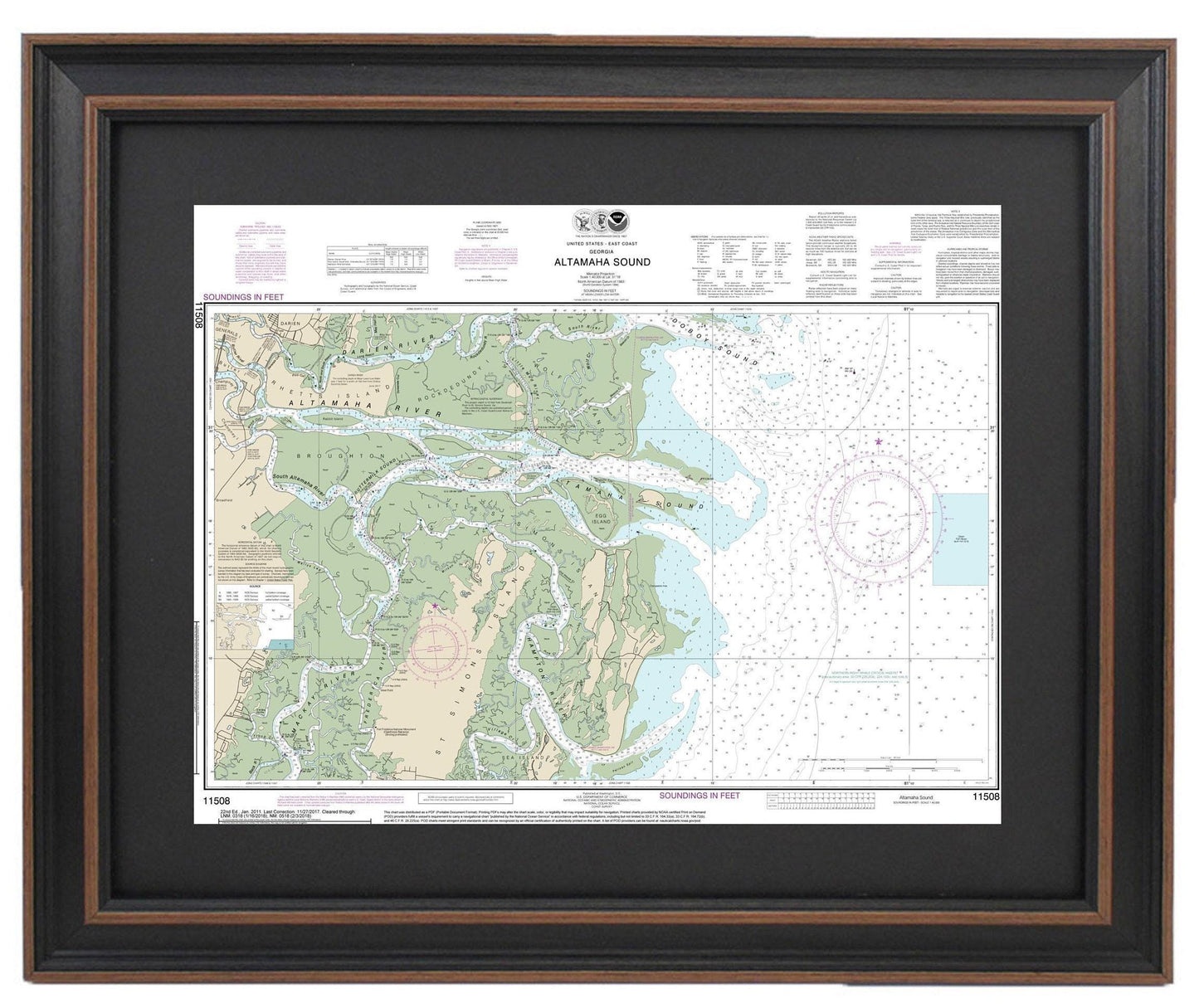 Framed Nautical Chart 11508 - Altamaha Sound. NOAA 11508. Handmade in the USA.