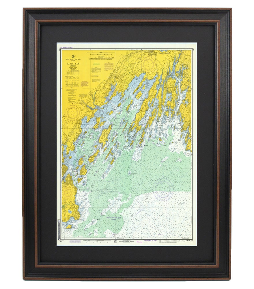 Vintage Casco Bay Maine Nautical Chart 13290. 1974 Historical Chart. NOAA 13290. Handmade in the USA.