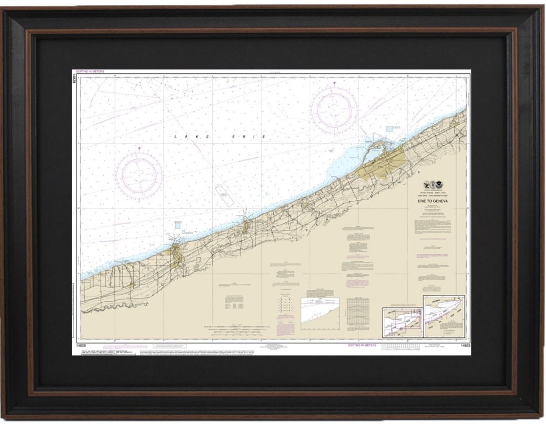 Framed Nautical Chart 14828 - Lake Erie to Geneva. NOAA 14828. Handmade in the USA.
