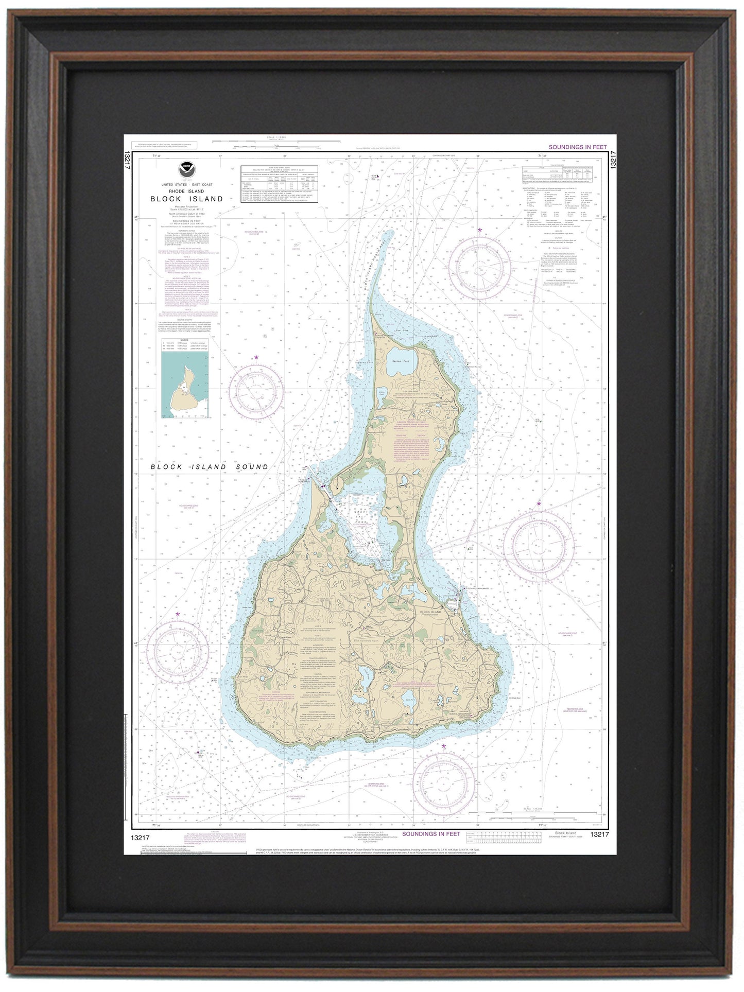 Framed Nautical Chart 13217 - Block Island. NOAA 13217. Handmade in the USA.