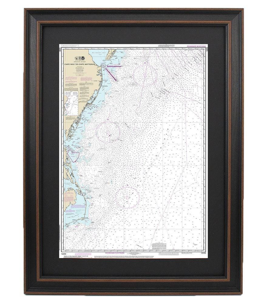Framed Nautical Chart 12200 - Outer Banks, Cape May to Cape Hatteras. NOAA 12200. Handmade in the USA.