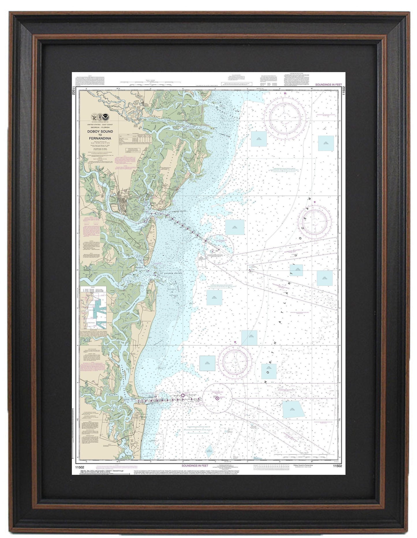 Framed Nautical Chart 11502 - Doboy Sound to Fernandina. NOAA 11502. Handmade in the USA.