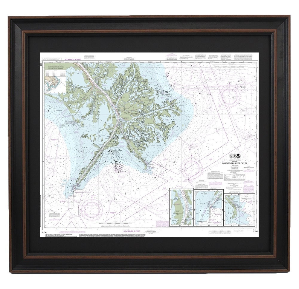 Framed Nautical Chart 11361 - Mississippi River Delta. NOAA 11361. Handmade in the USA.
