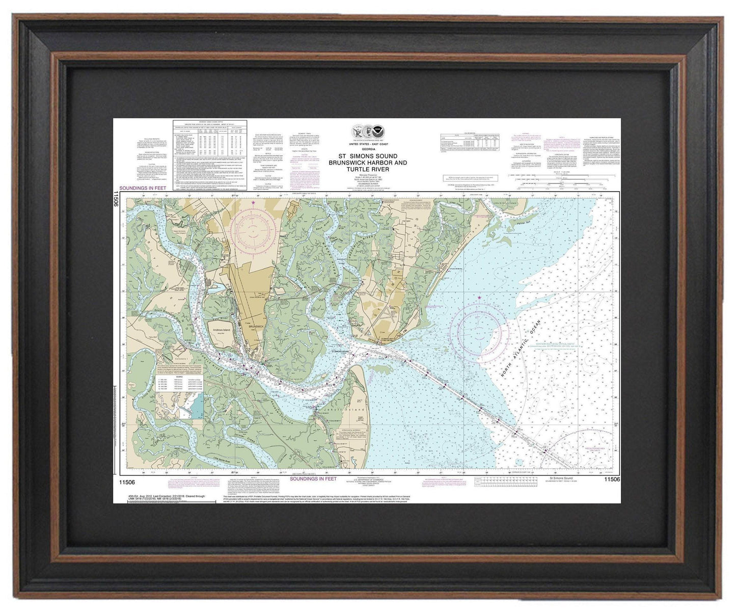 Framed Nautical Chart 11506 - St. Simons Sound, Brunswick Harbor and Turtle River. NOAA 11506. Handmade in the USA.