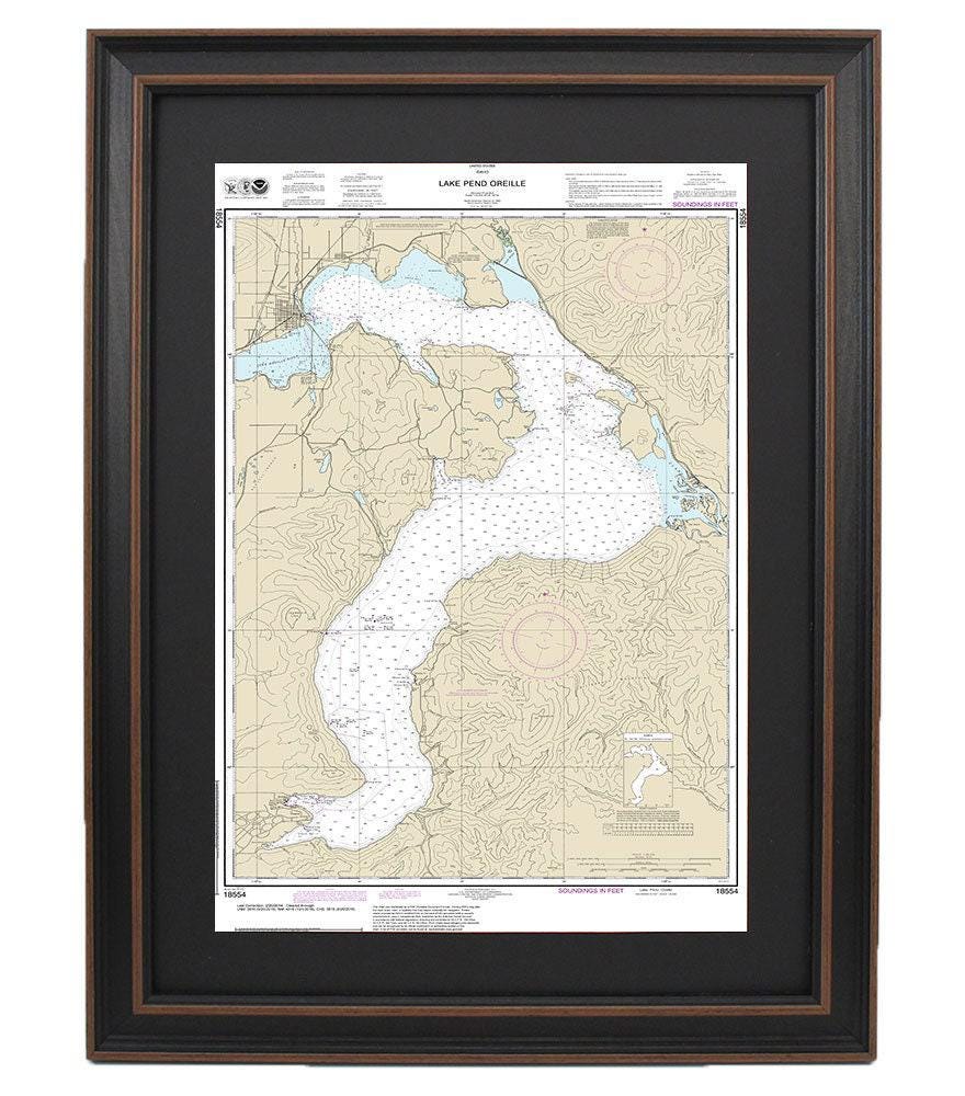 Framed Nautical Chart 18554 - Lake Pend Oreille. NOAA 18554. Handmade in the USA.