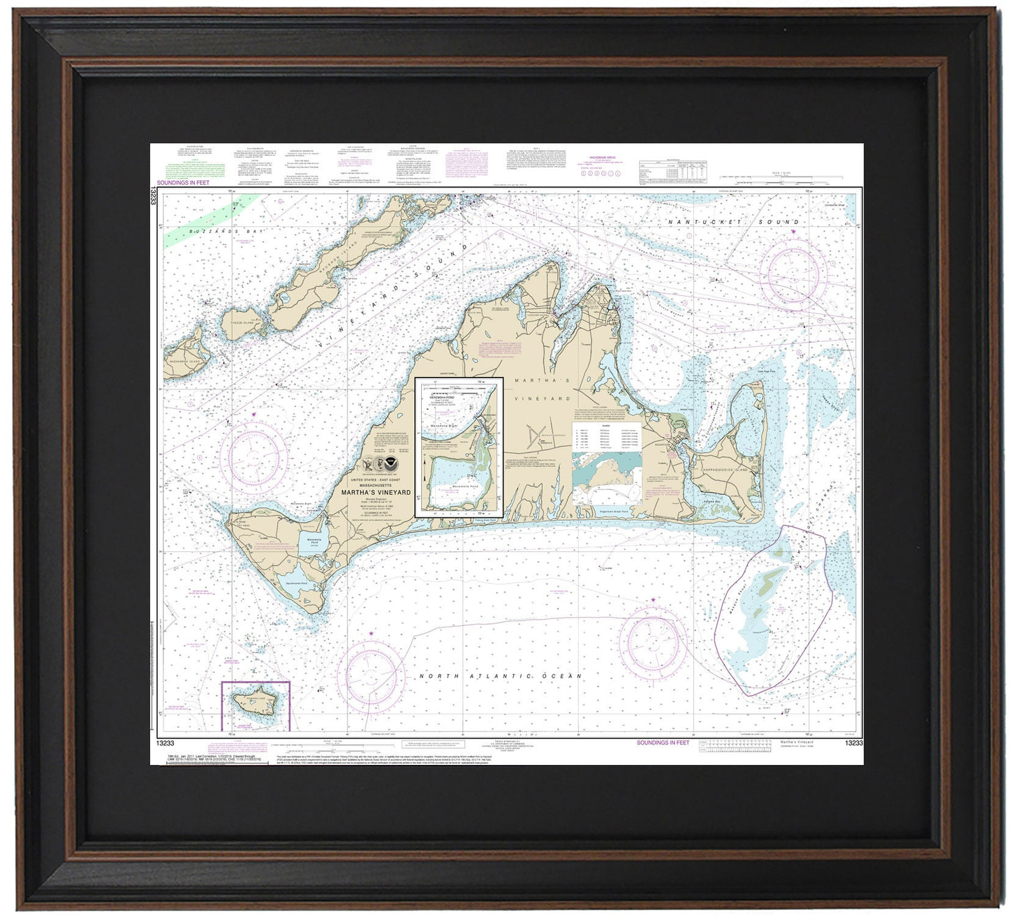 Framed Nautical Chart 13233 - Martha's Vineyard, MA. NOAA 13233. Handmade in the USA.