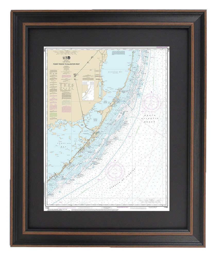 Framed Nautical Chart 11462 - Fowey Rocks to Alligator Reef. NOAA 11462. Handmade in the USA.