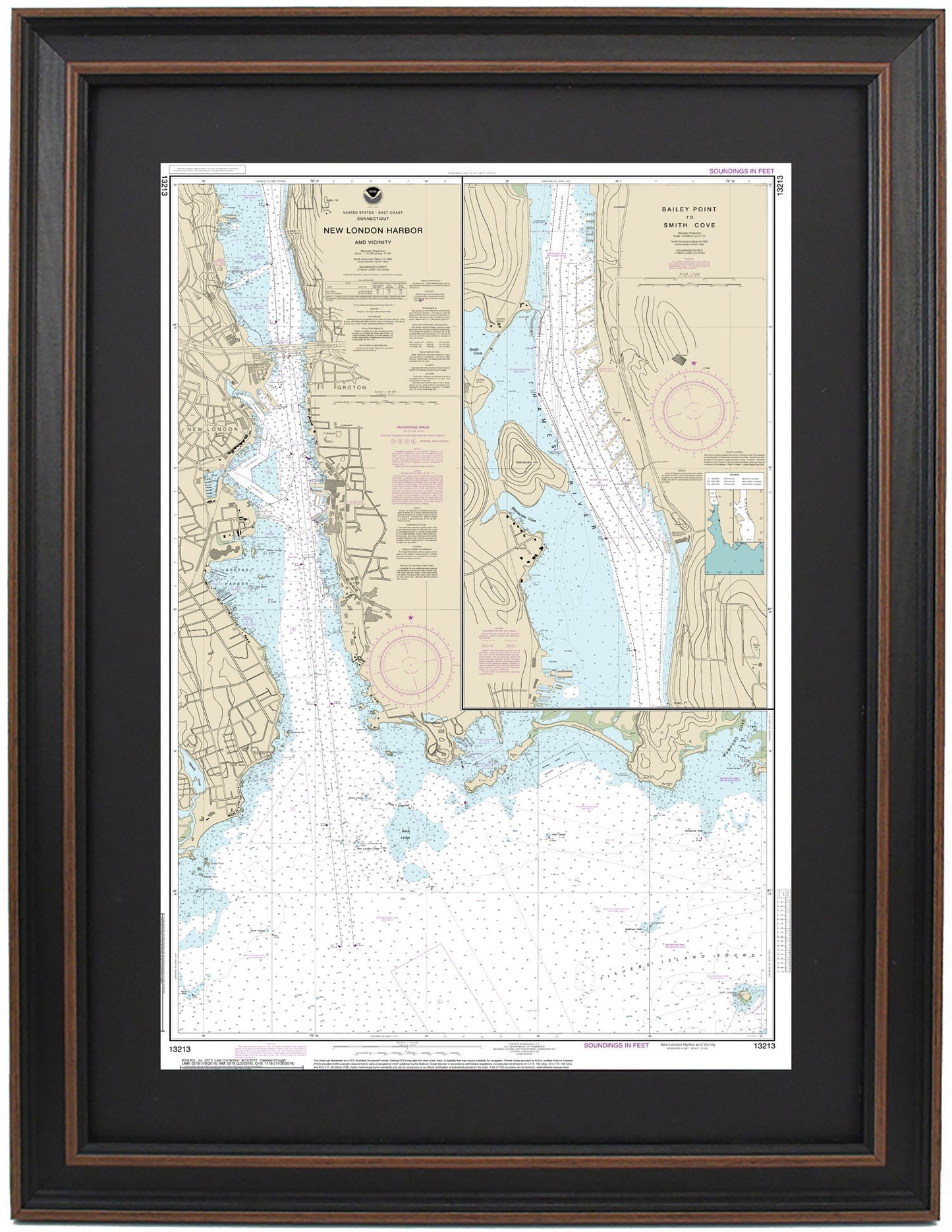 Framed Nautical Chart 13213 - New London Harbor. NOAA 13213. Handmade in the USA.