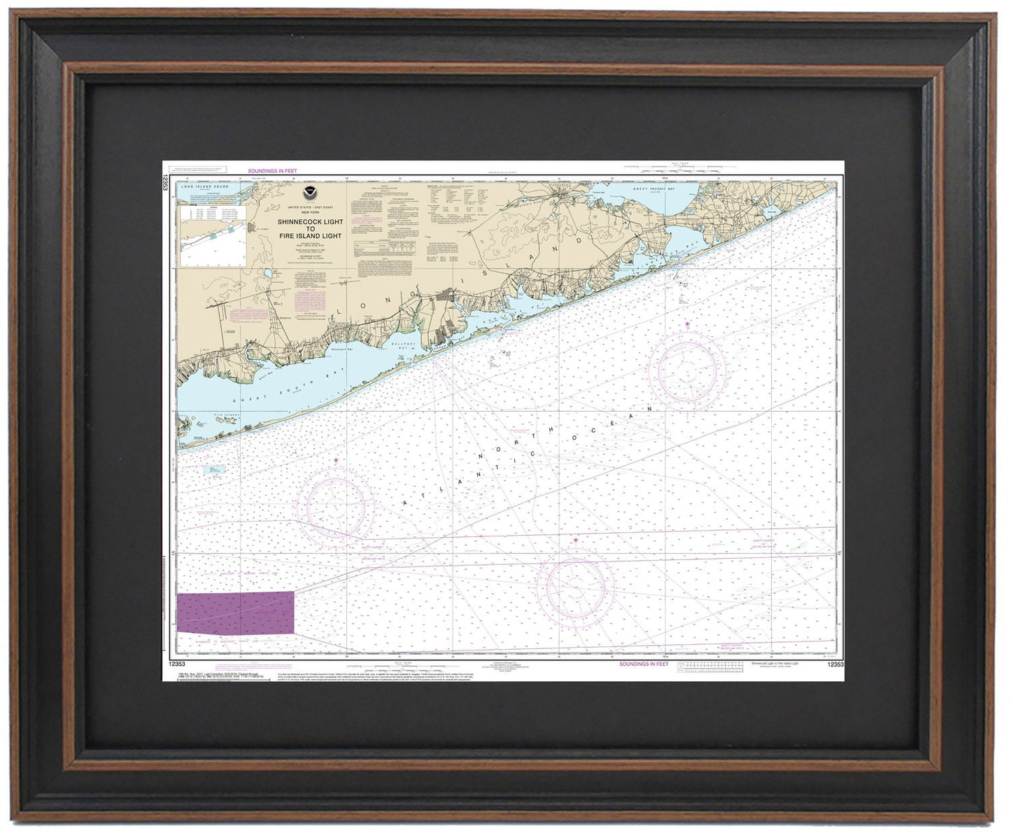 Framed Nautical Chart 12353 - Long Island, NY. Shinnecock Light to Fire Island Light. NOAA 12353. Handmade in the USA.