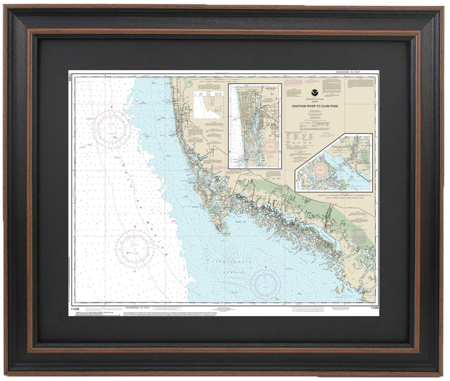 Framed Nautical Chart 11429 - Chatham River to Clam Pass. NOAA 11429. Handmade in the USA.