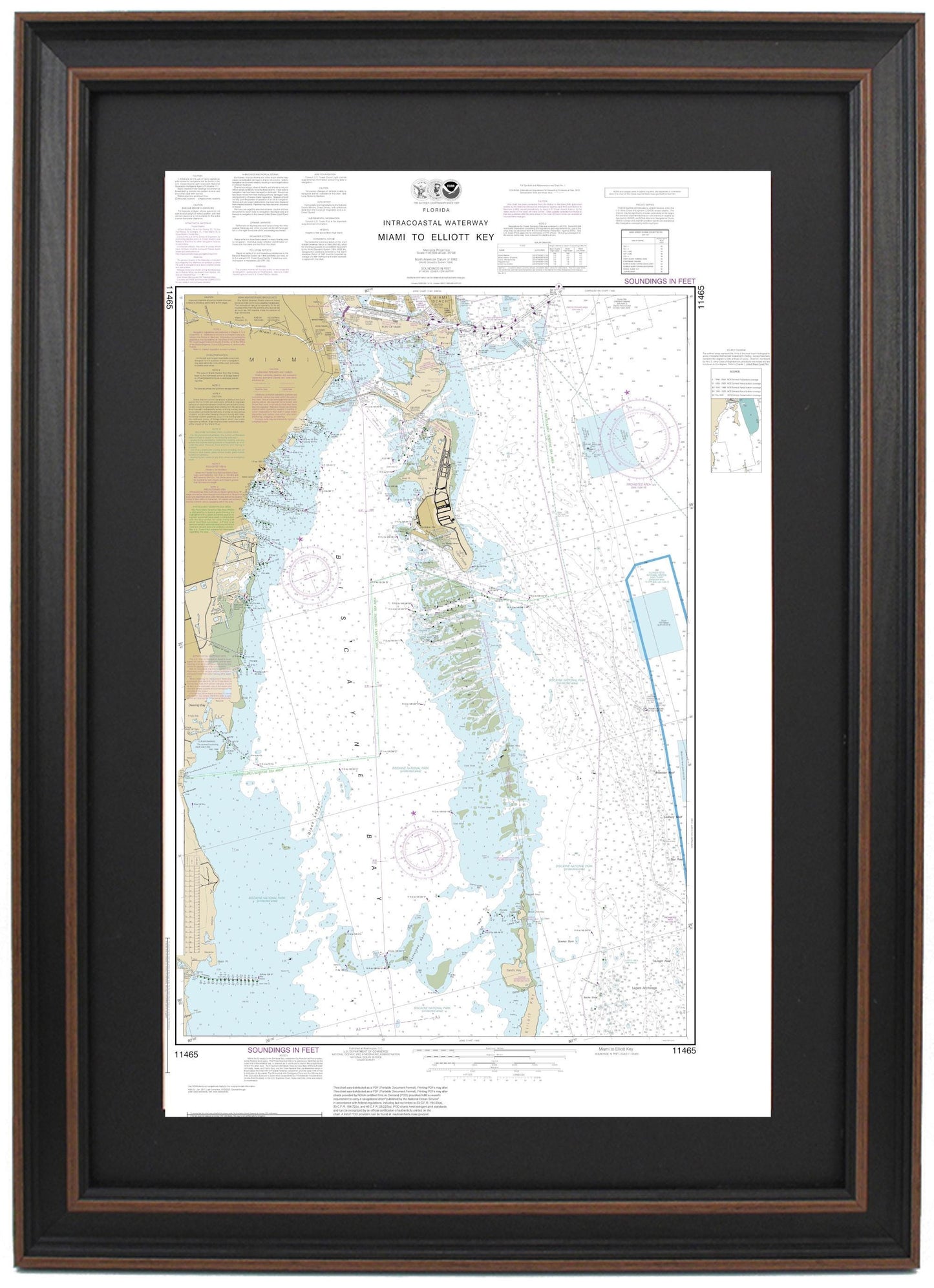 Framed Nautical Chart 11465 - Intracoastal Waterway. Miami to Elliott Key. NOAA 11465. Handmade in the USA.