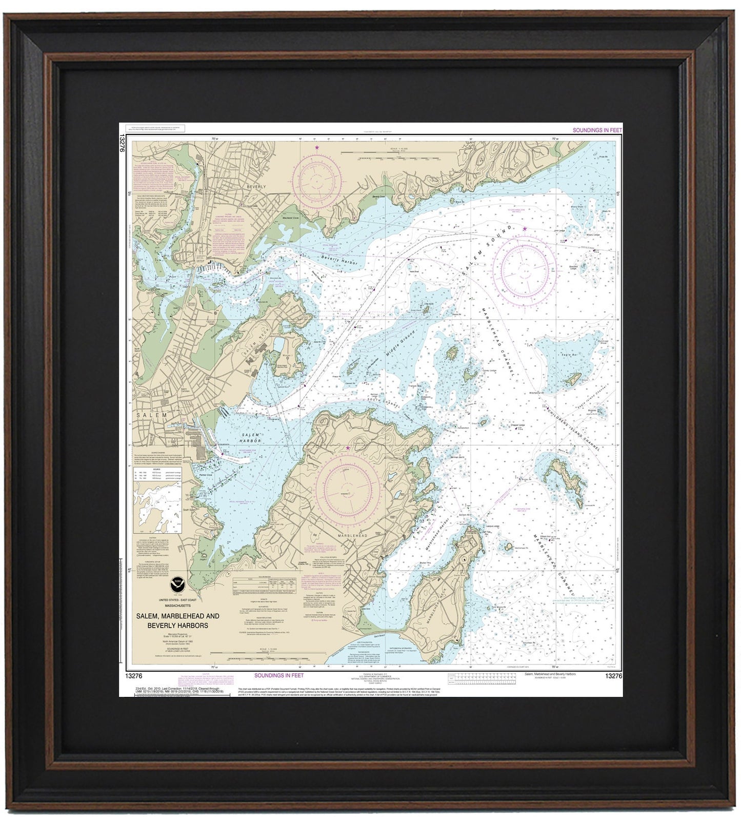 Framed Nautical Chart 13276 - Salem, Marblehead, and Beverly Harbors. NOAA 13276. Handmade in the USA.