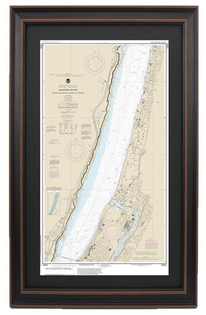 Framed Nautical Chart 12345 - Hudson River, NY. George Washington Bridge to Yonkers. NOAA 12345. Handmade in the USA.