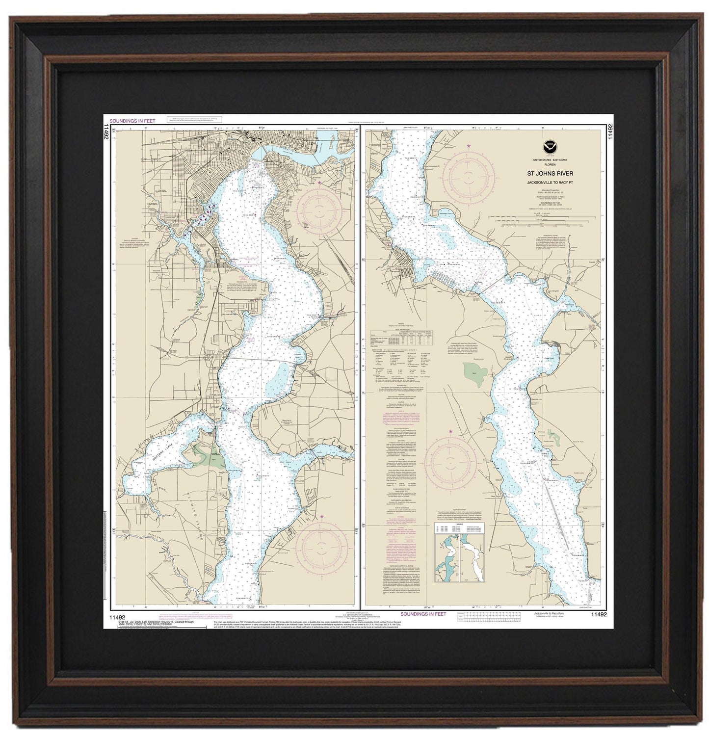 Framed Nautical Chart 11492 - St. Johns River. Jacksonville to Racy Point. NOAA 11492. Handmade in the USA.